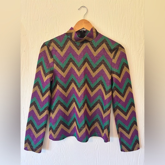 70’s Inspired Disco Metallic Multicolour Zig Zag Flare One Piece Jumpsuit Set - Picture 9 of 16